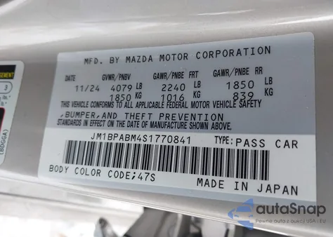 2025 Mazda Mazda3 2.5 S Select Sport z USA, uszkodzony, nr VIN JM1BPABM4S1770841